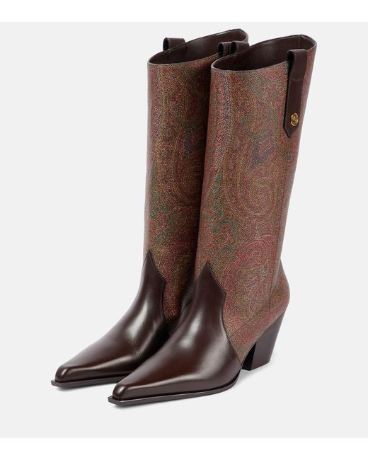 Etro Brown Paisley Coated Canvas Knee-High Boots