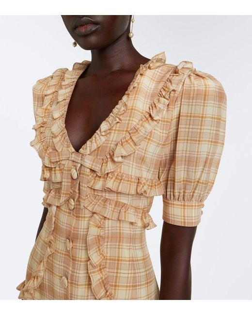 Alessandra Rich Natural Ruffled Plaid Silk Midi Dress