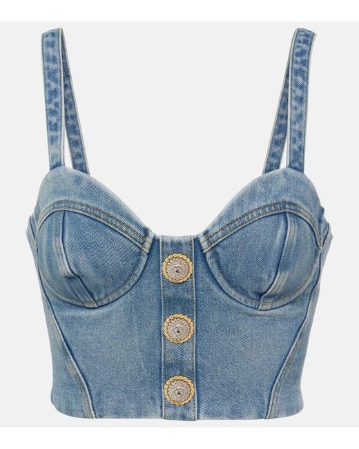 Balmain Blue Cropped-Bustier-Top Aus Denim