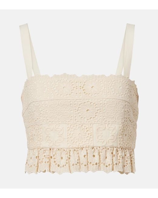 Elie Saab Natural Guipure Lace Ruffled Cotton And Silk Crop Top