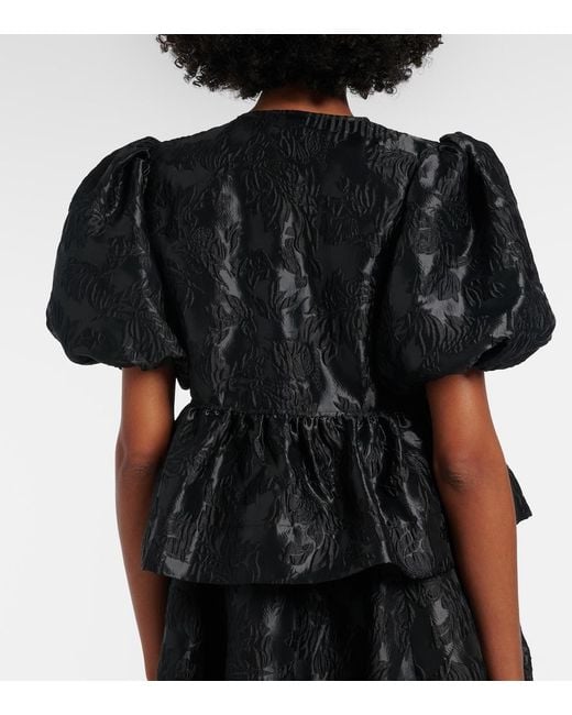 Ganni Black Bow-Detail Floral Peplum Satin Blouse