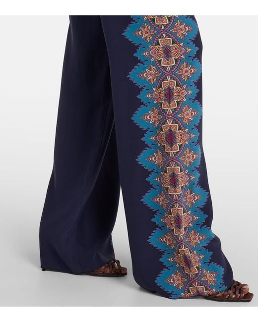 Etro Blue Printed Silk Crepe De Chine Straight Pants