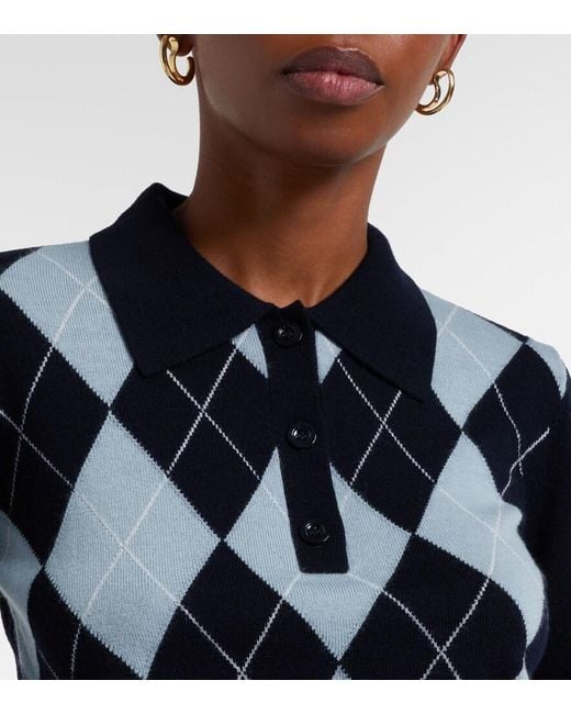 FRAME Blue Argyle Wool-Blend Polo Sweater