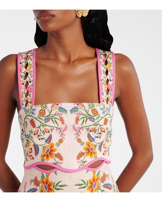 Vestido Corto De Lino Floral Farm Rio de color White