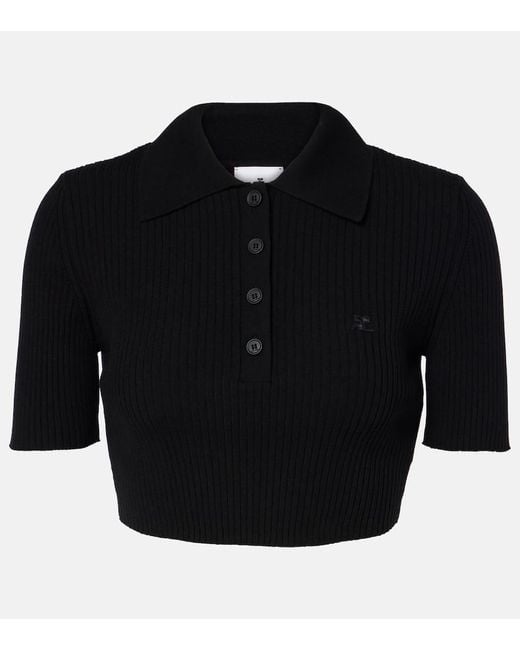 Courreges Black Ribbed-Knit Cropped Polo Shirt