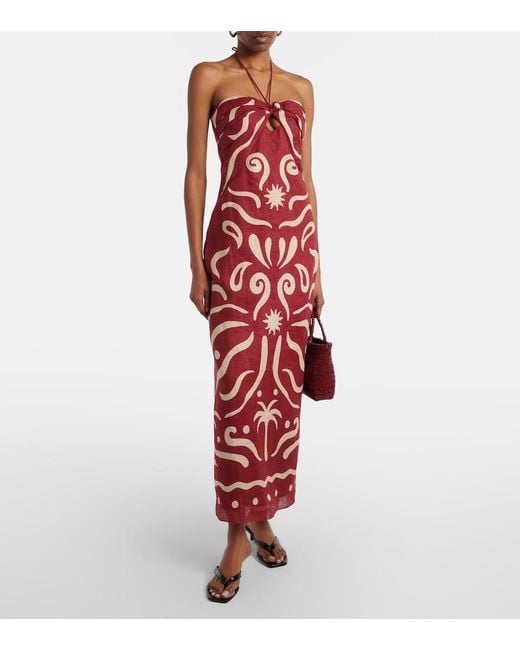 Cala De La Cruz Red Leda Printed Halterneck Linen Maxi Dress