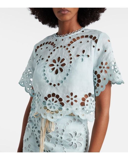 Zimmermann Blue Awaken Embroidered Linen Crop Top