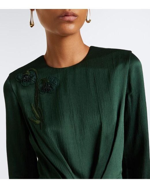 Erdem Green Floral-Applique Satin Seersucker Midi Dress