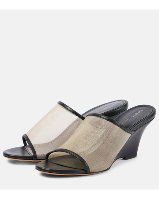 Khaite Gray Marion Leather And Mesh Wedge Mules