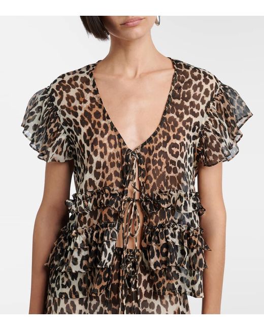 Ganni Gray Leopard-Print Ruffled Chiffon Blouse