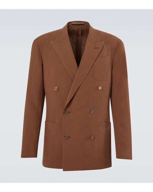 Dunhill Brown Double-Breasted Linen Blazer for men