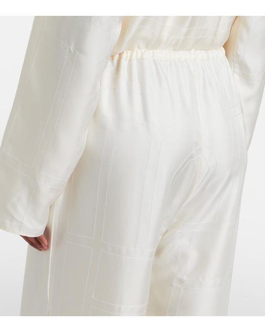 Totême White Embroidered Silk Satin Pajama Pants