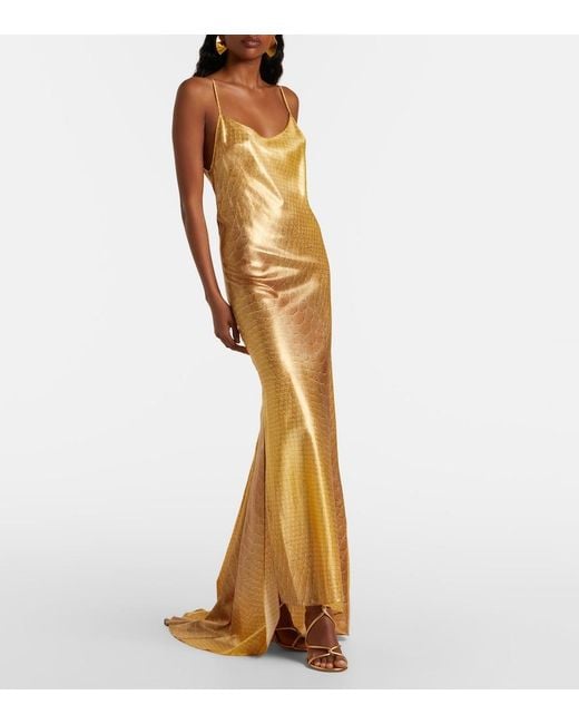 Roberto Cavalli Metallic Snake-Print Silk Gown