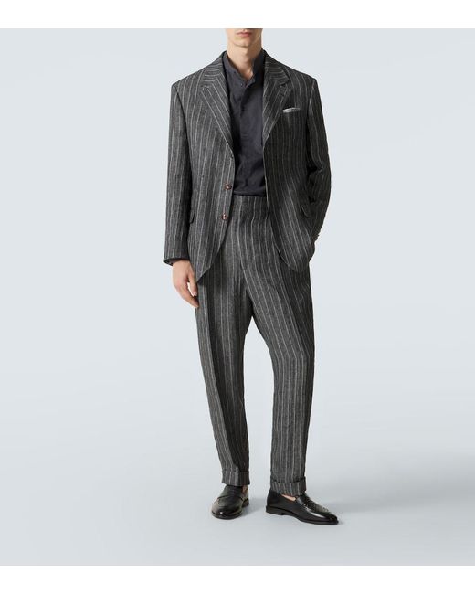 Brunello Cucinelli Black Chalk Stripe Linen Suit for men