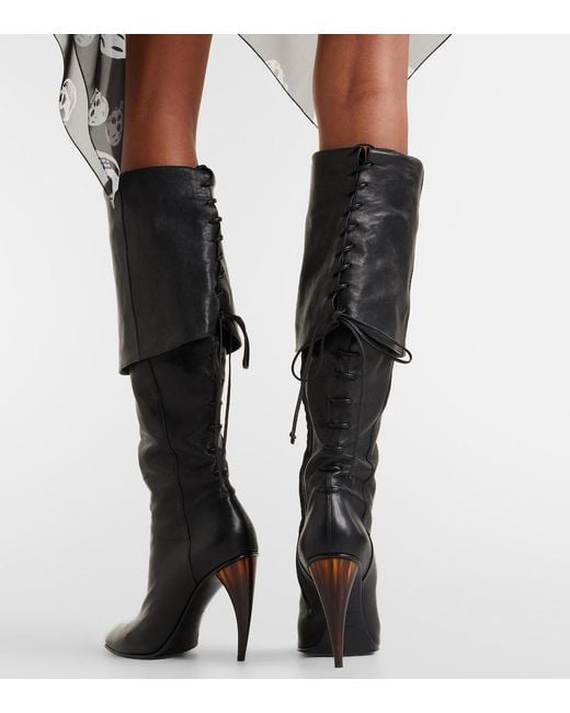 McQueen Black Horn Heel Leather Knee-High Boots
