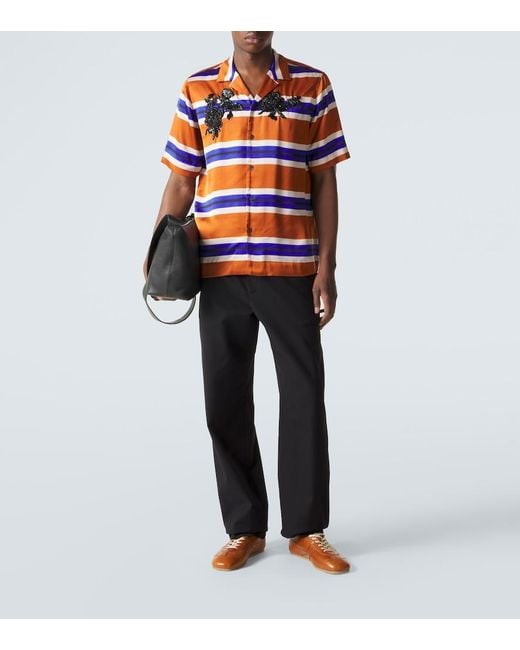 Dries Van Noten Blue Embellished Striped Satin Shirt for men