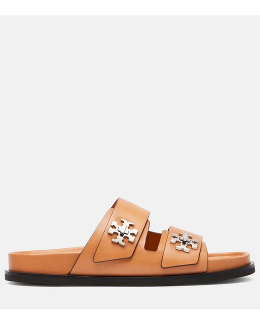 Tory Burch Brown Turnlock Leather Slides
