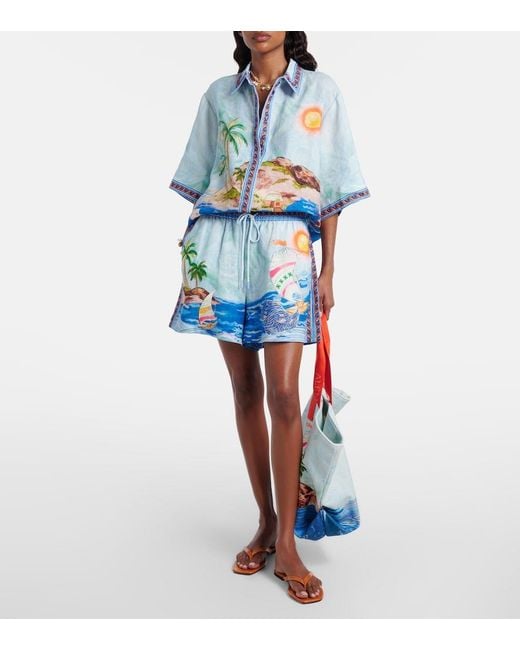 ALÉMAIS Blue Printed Linen Shorts