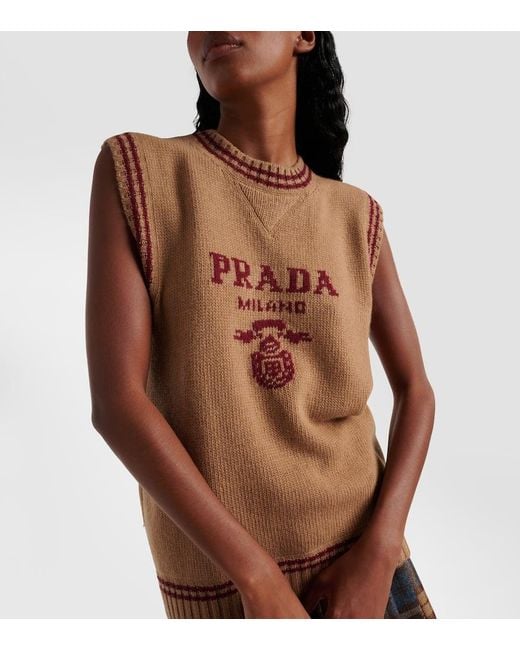 Chaleco De Lana Y Cachemir Con Logo Prada de color Brown