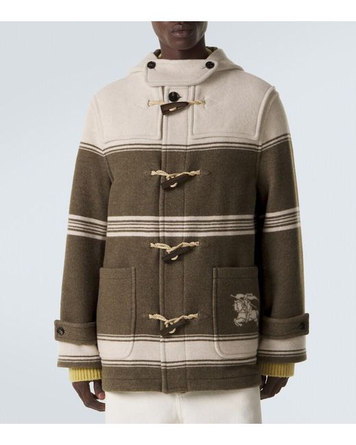Burberry Green Striped Wool And Cotton-Blend Duffel Coat for men