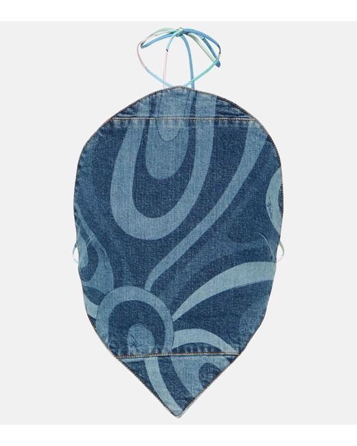 Emilio Pucci Blue Printed Halterneck Cotton Top