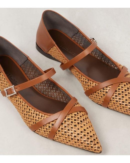 Max Mara Brown Woven Leather-Trimmed Mary Jane Flats