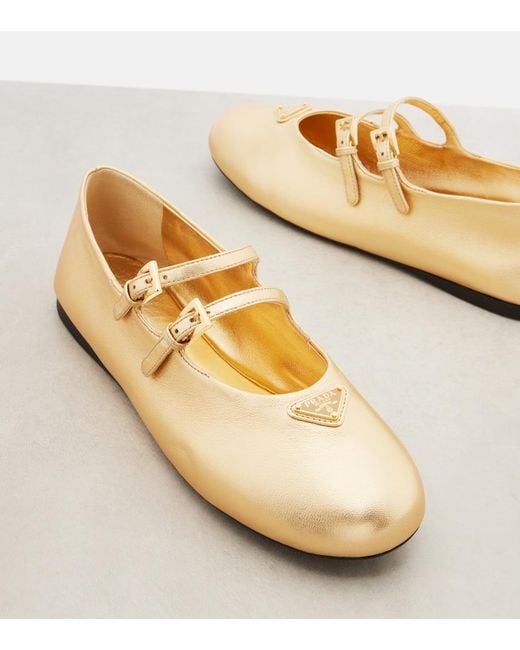 Prada Natural Metallic Leather Mary Jane Flats