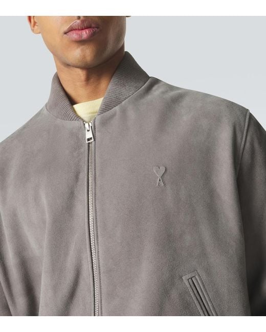 AMI Gray Ami De Cour Suede Bomber Jacket for men