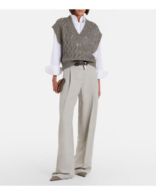 Brunello Cucinelli Gray Monili Wide-Leg Pants
