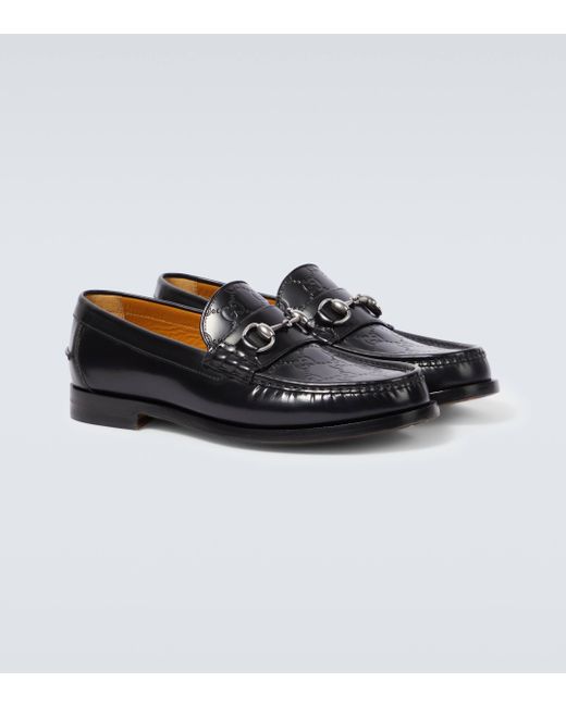 Gucci Black Horsebit GG Debossed Leather Loafers for men