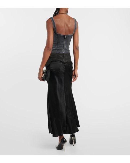 Blumarine Black Denim-Trimmed Satin Maxi Skirt
