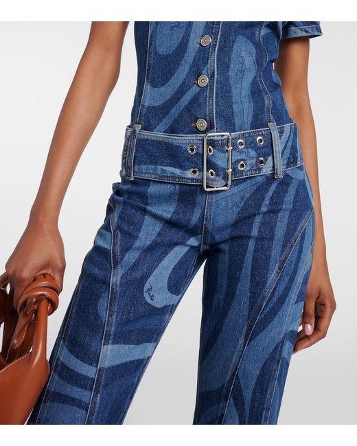 Emilio Pucci Blue Marmo Belted Denim Jumpsuit
