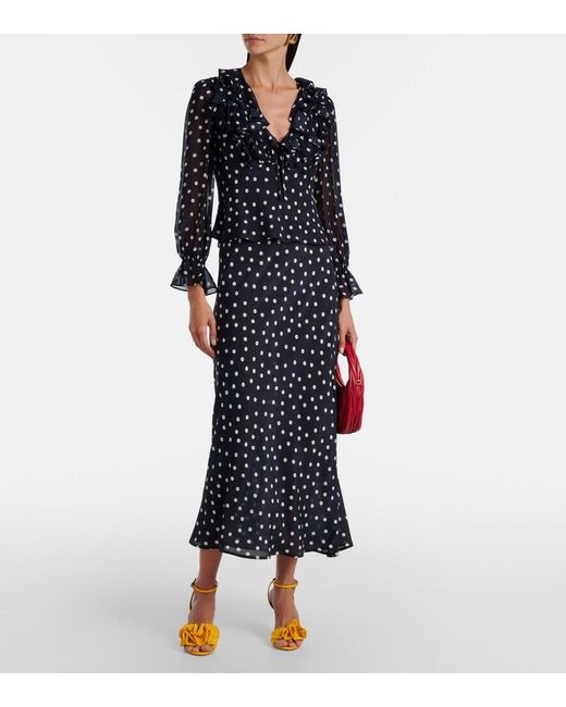 Rixo Blue Ardith Polka-Dot Silk Midi Skirt