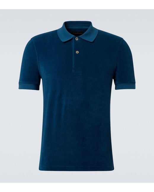 Tom Ford Blue Cotton-Blend Velvet Polo Shirt for men