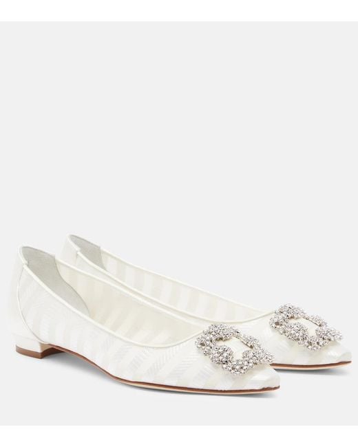 Manolo Blahnik White Hangisi Embellished Organza Ballet Flats