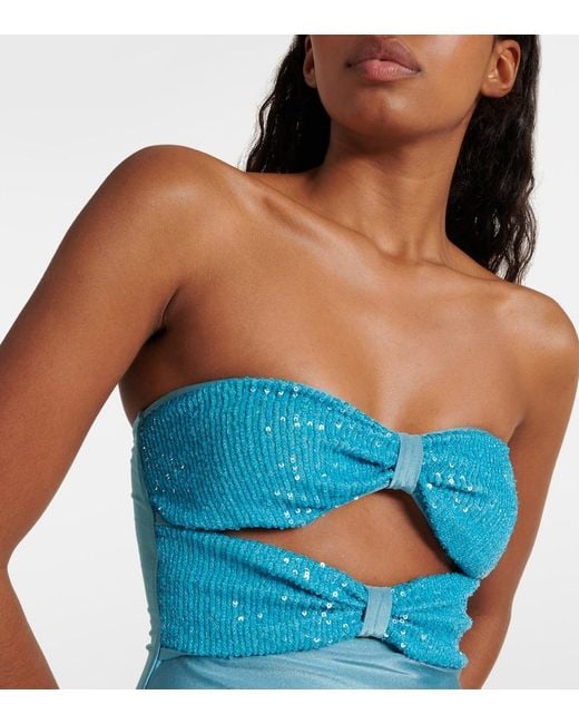 Adriana Degreas Blue Sequined Cutout Strapless Swimsuit