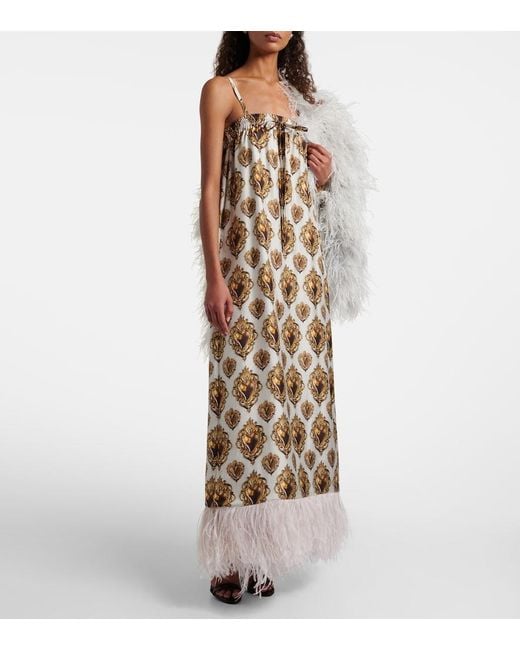 Dolce & Gabbana Natural Feather-Trimmed Printed Silk Maxi Dress