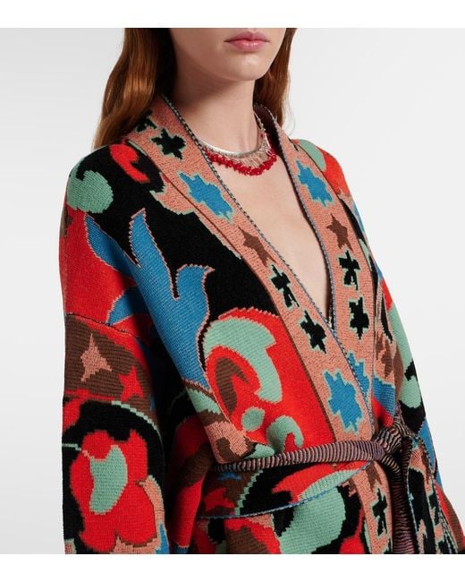 Etro Red Jacquard Wool-Blend Wrap Cardigan