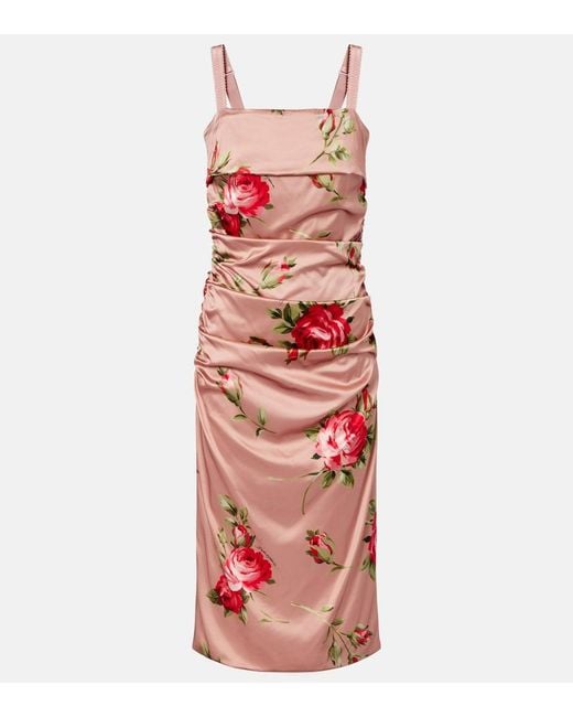 Dolce & Gabbana Red Floral Satin Midi Dress