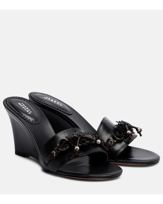 Isabel Marant Black Anee Embellished Leather Wedge Mules