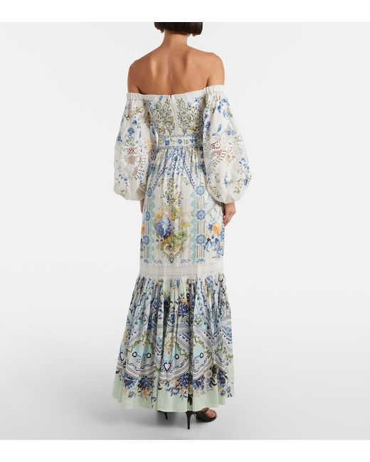 Camilla Blue Floral Off-Shoulder Linen And Silk Maxi Dress