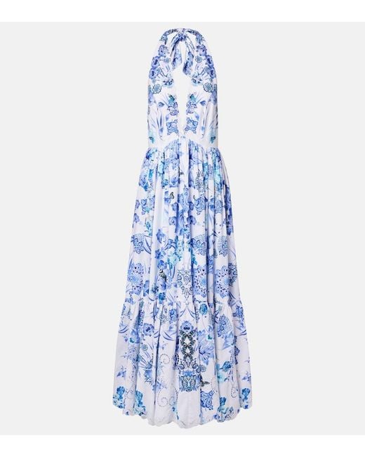 Camilla Blue Embellished Halterneck Cotton Poplin Maxi Dress