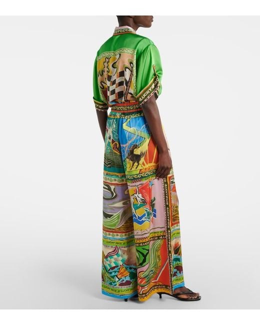 ALÉMAIS Green Lucky Pace Printed Silk Palazzo Pants