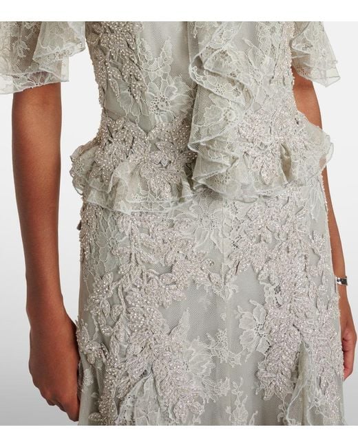 Costarellos White Rhodine Embellished Halterneck Lace Gown