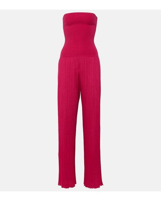 Alaïa Red Strapless Pleated Knitted Jumpsuit
