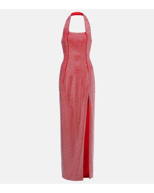Area Red Crystal-Embellished Halterneck Gown