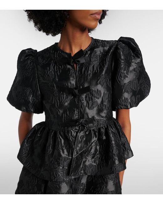 Ganni Black Bow-Detail Floral Peplum Satin Blouse