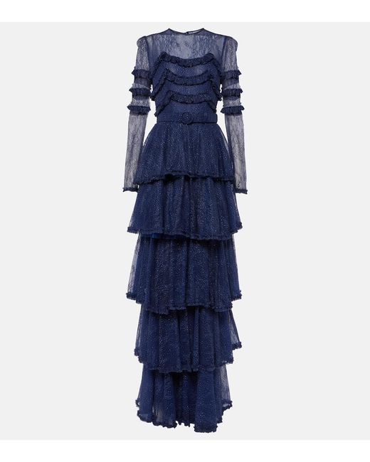 Costarellos Blue Frill-trimmed Tiered Lace Gown