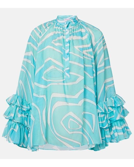 Emilio Pucci Blue Marmo Ruffled Cotton Blouse