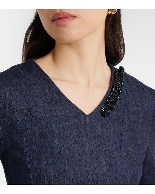 Max Mara Blue Vela Embellished Belted Denim Midi Dress